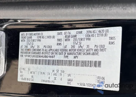 2017 Ford Escape Se z USA, uszkodzony, nr VIN 1FMCU0GD6HUB01697